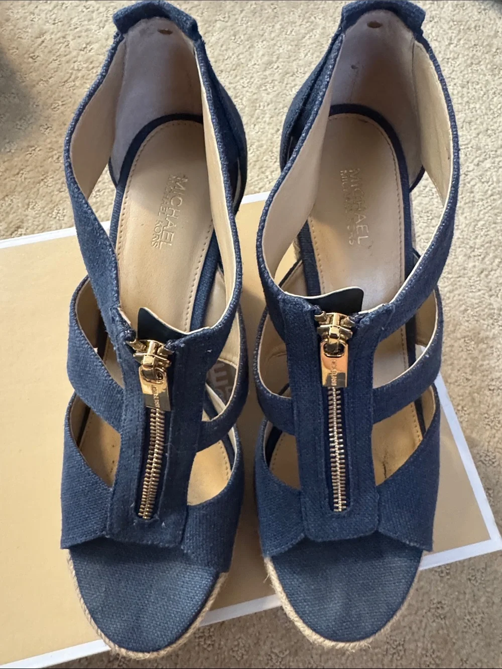Michael Kors Navy Blue Espadrille Wedge Sandals with Front Zippers
